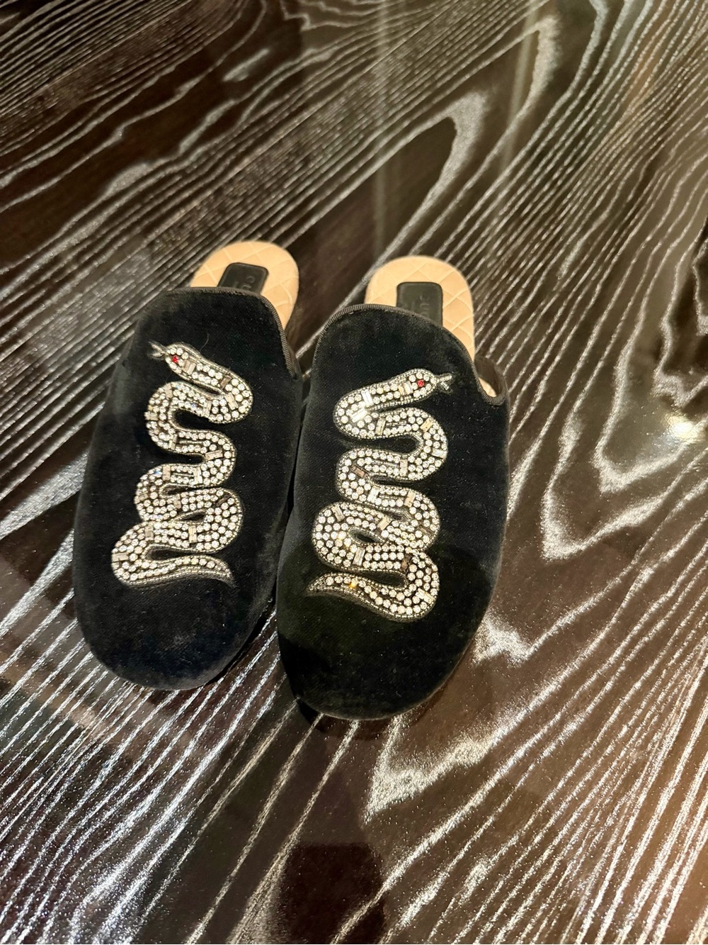 Gucci Black Velvet Slip-On Mules with Crystal Snake Embellishment